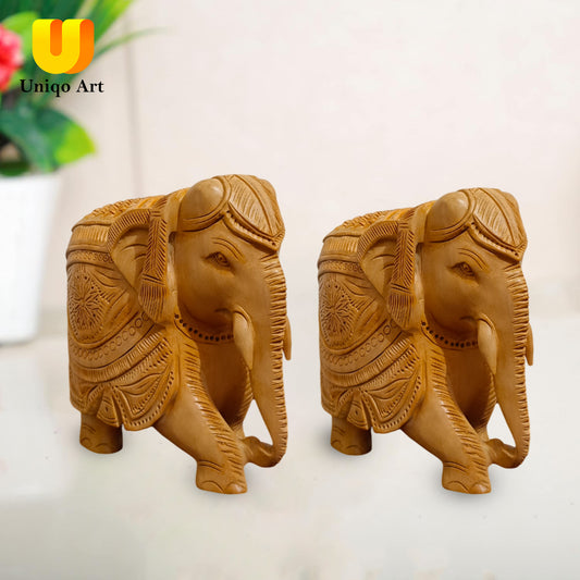Uniqo Art Handcrafted Wooden Elephant Pair | Down Trunk Statue | Antique Hand-Carved Home Décor Showpiece (Brown)