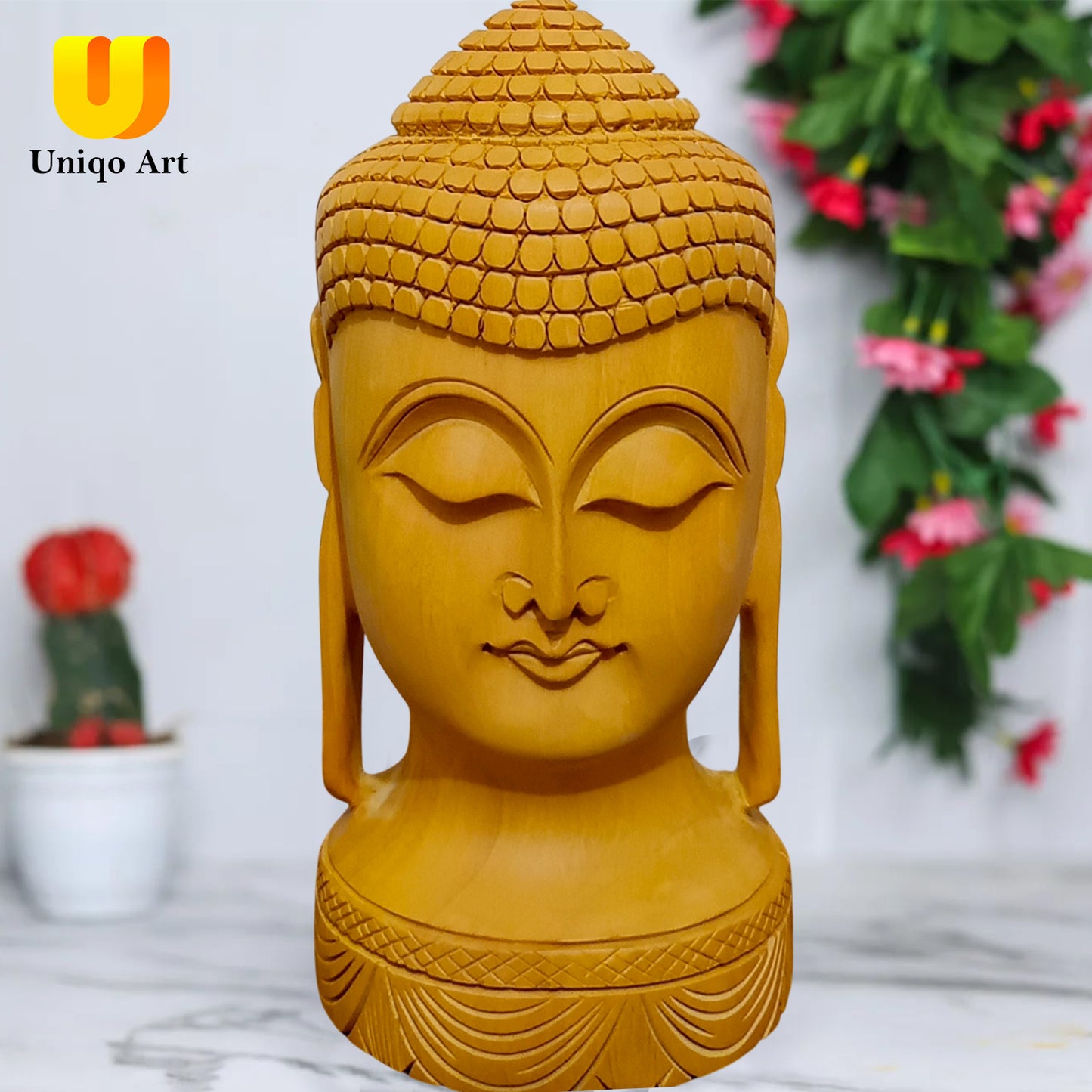 Art Deco Wooden Buddha Head Figurine – Perfect for Mandir & Office Spaces