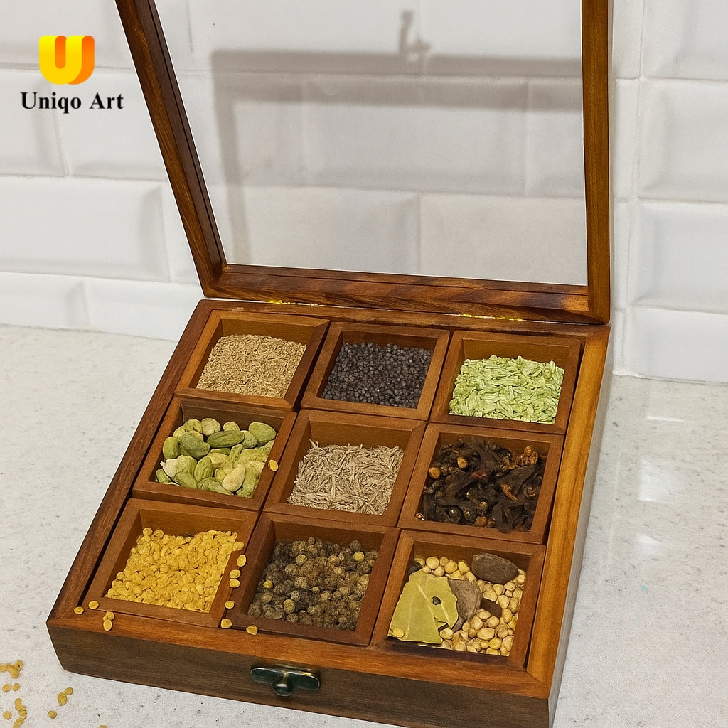 Uniqo Art Handcrafted Wooden Masala Dani – 9 Partition Spice Box with Spoon
