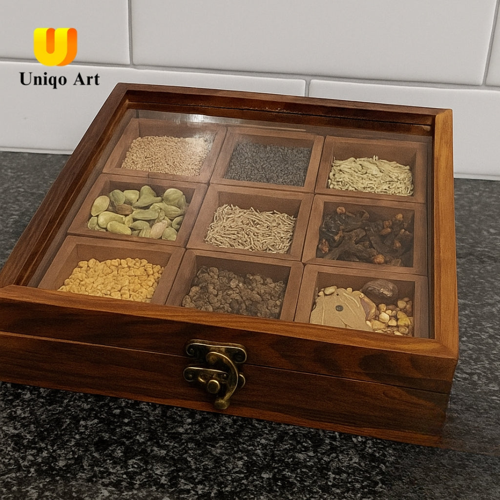 Uniqo Art Handcrafted Wooden Masala Dani – 9 Partition Spice Box with Spoon