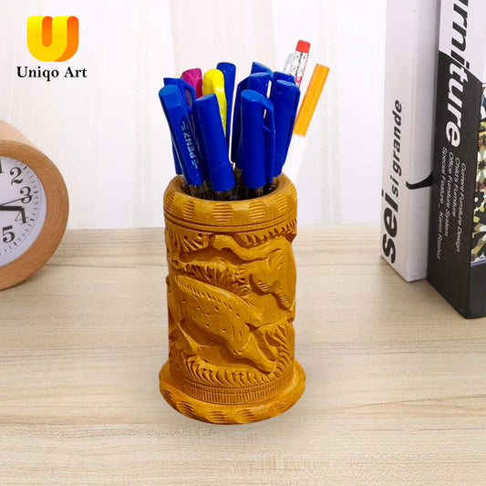 Wooden Pen Holder by Uniqo Art | Hand-Carved Lion Design | Eco-Friendly Desk Organizer