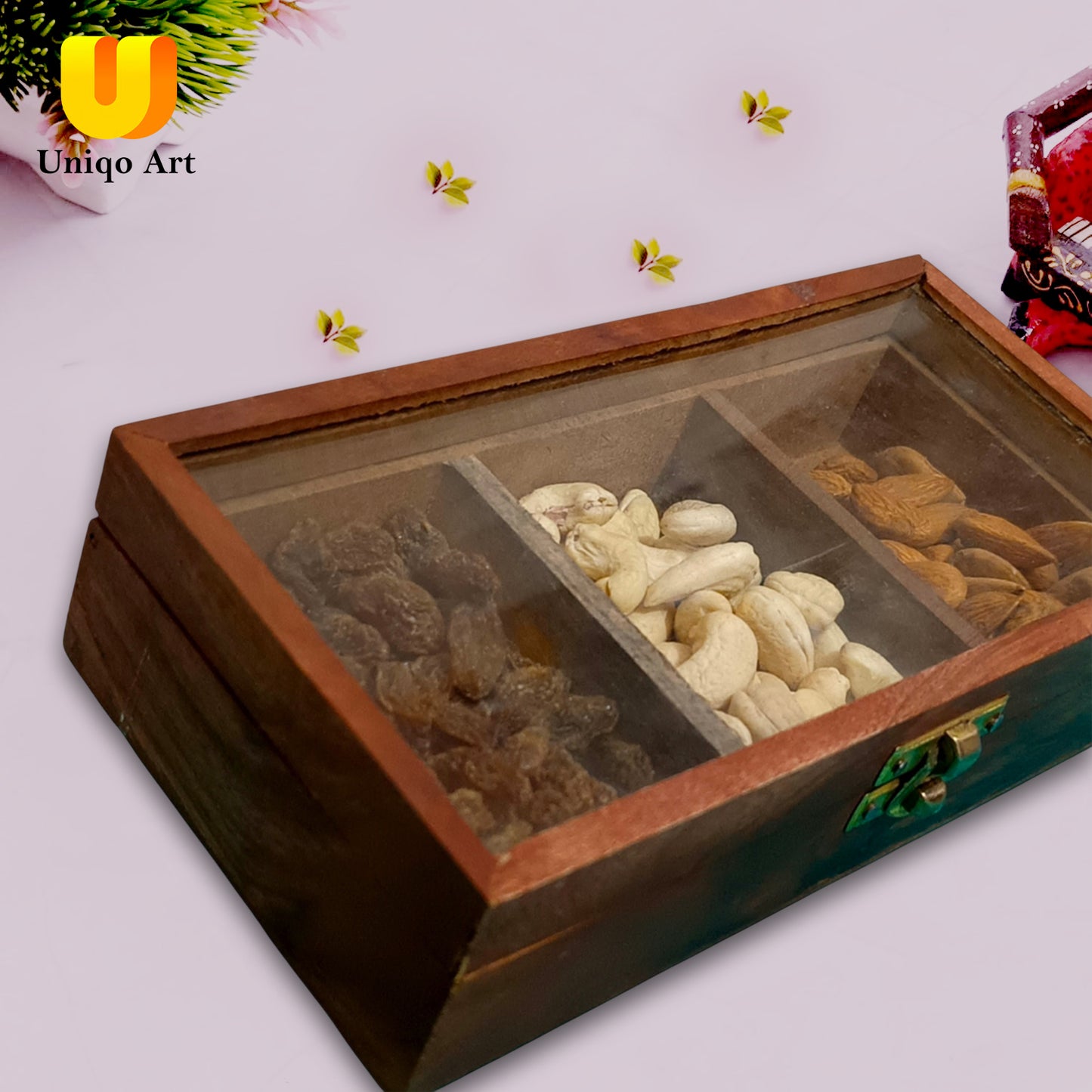 Uniqo Art Wooden Handcrafted Masala Dani & Dry Fruits Box | 3 Removable Containers