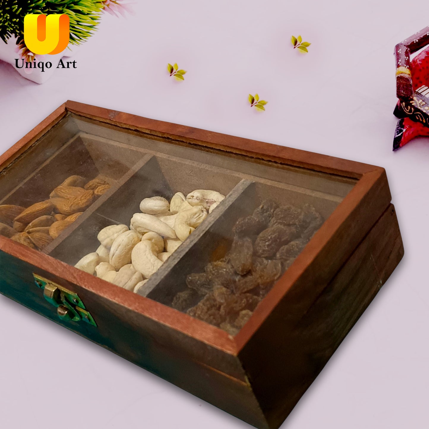 Uniqo Art Wooden Handcrafted Masala Dani & Dry Fruits Box | 3 Removable Containers