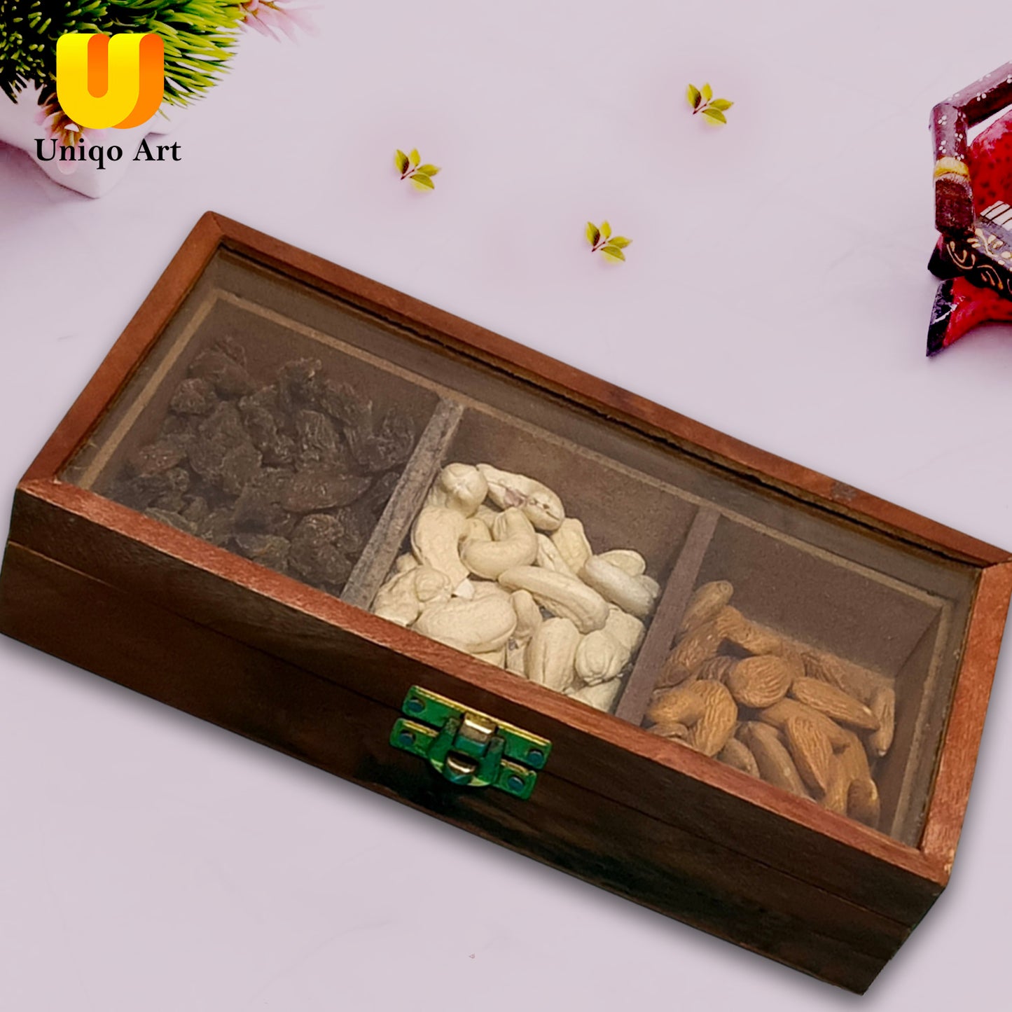 Uniqo Art Wooden Handcrafted Masala Dani & Dry Fruits Box | 3 Removable Containers
