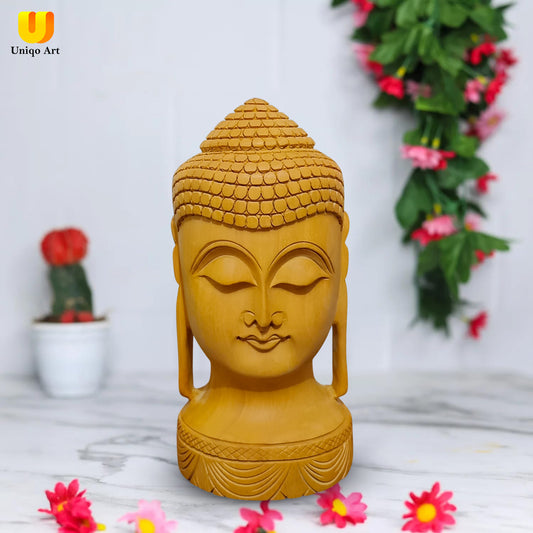 Art Deco Wooden Buddha Head Figurine – Perfect for Mandir & Office Spaces
