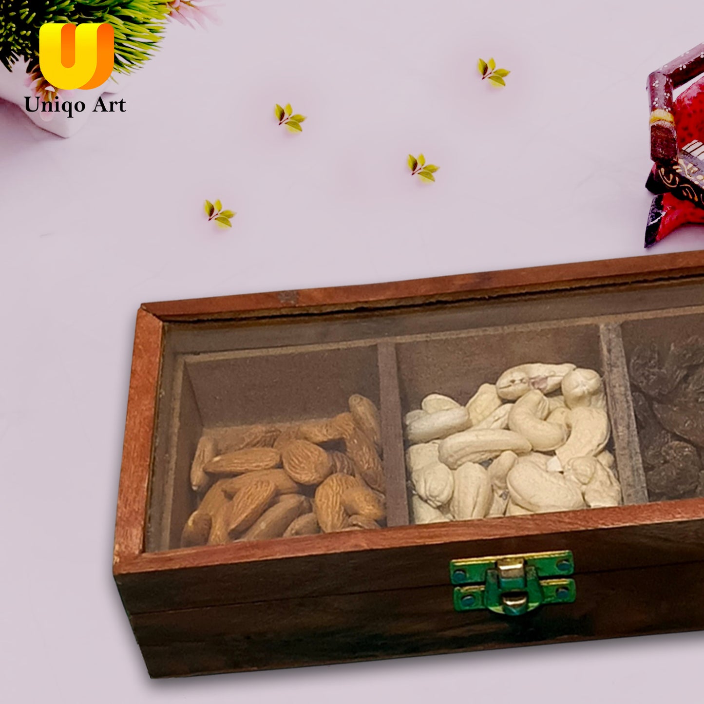 Uniqo Art Wooden Handcrafted Masala Dani & Dry Fruits Box | 3 Removable Containers