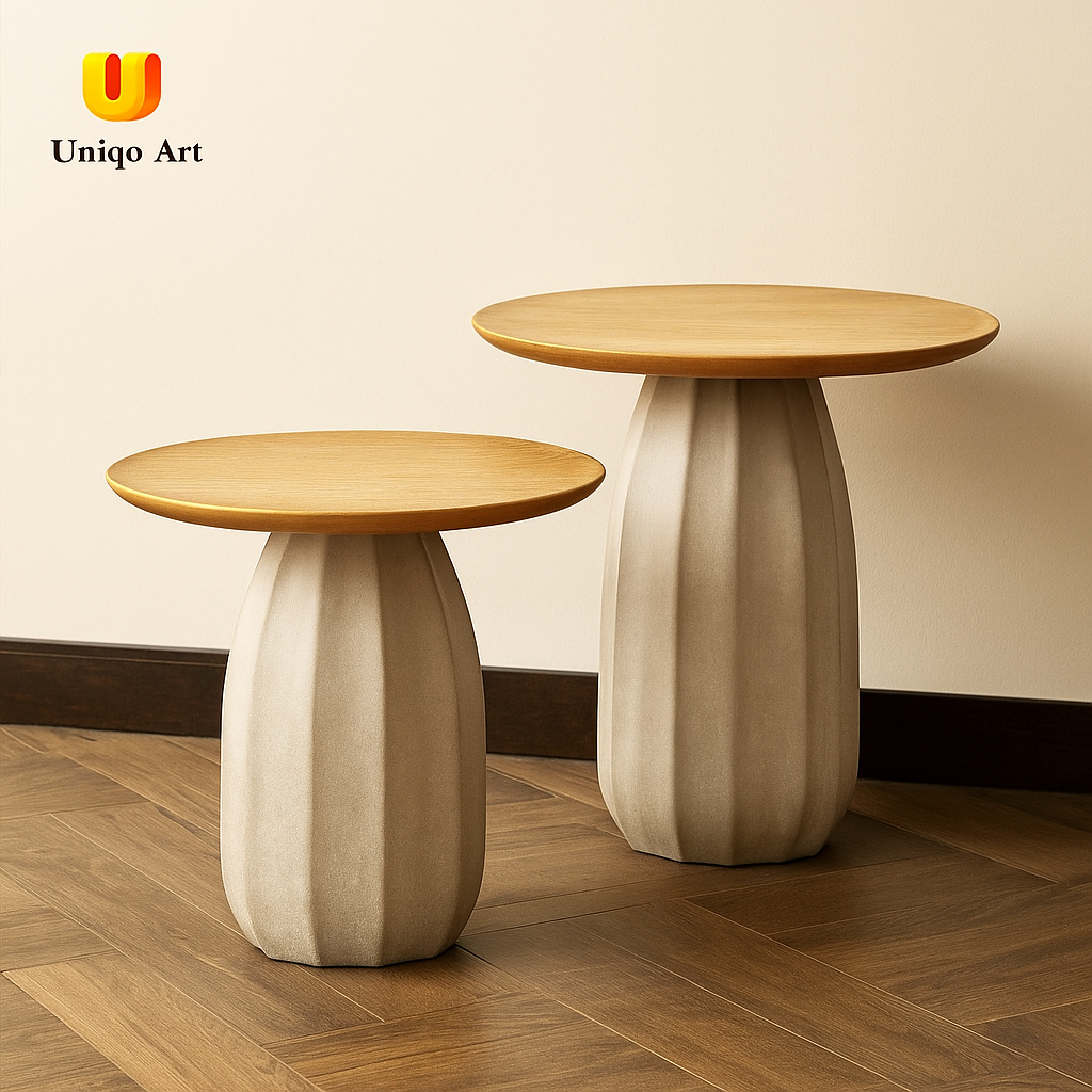 Modern Sculptural Nesting Side Tables – Organic Textured Base with Natural Wood Top (Set of 2)