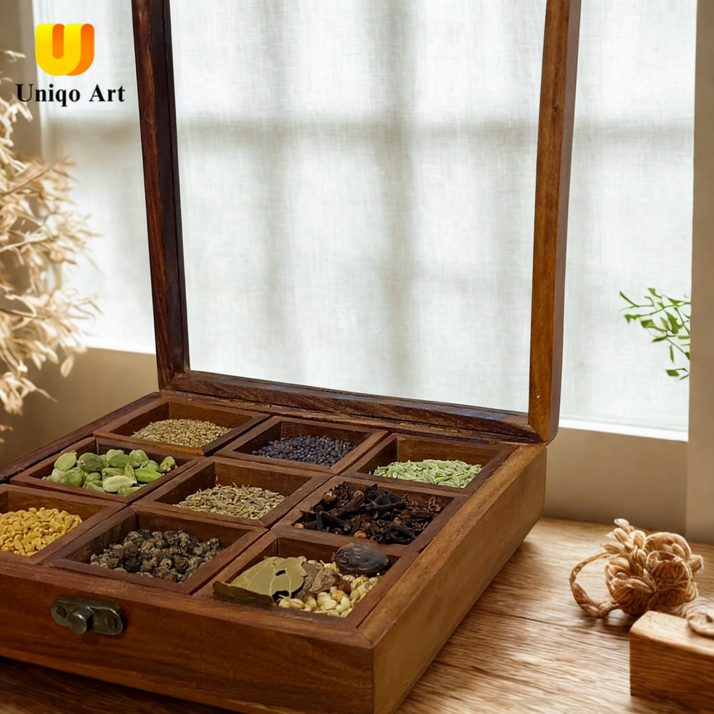 Uniqo Art Handcrafted Wooden Masala Dani – 9 Partition Spice Box with Spoon