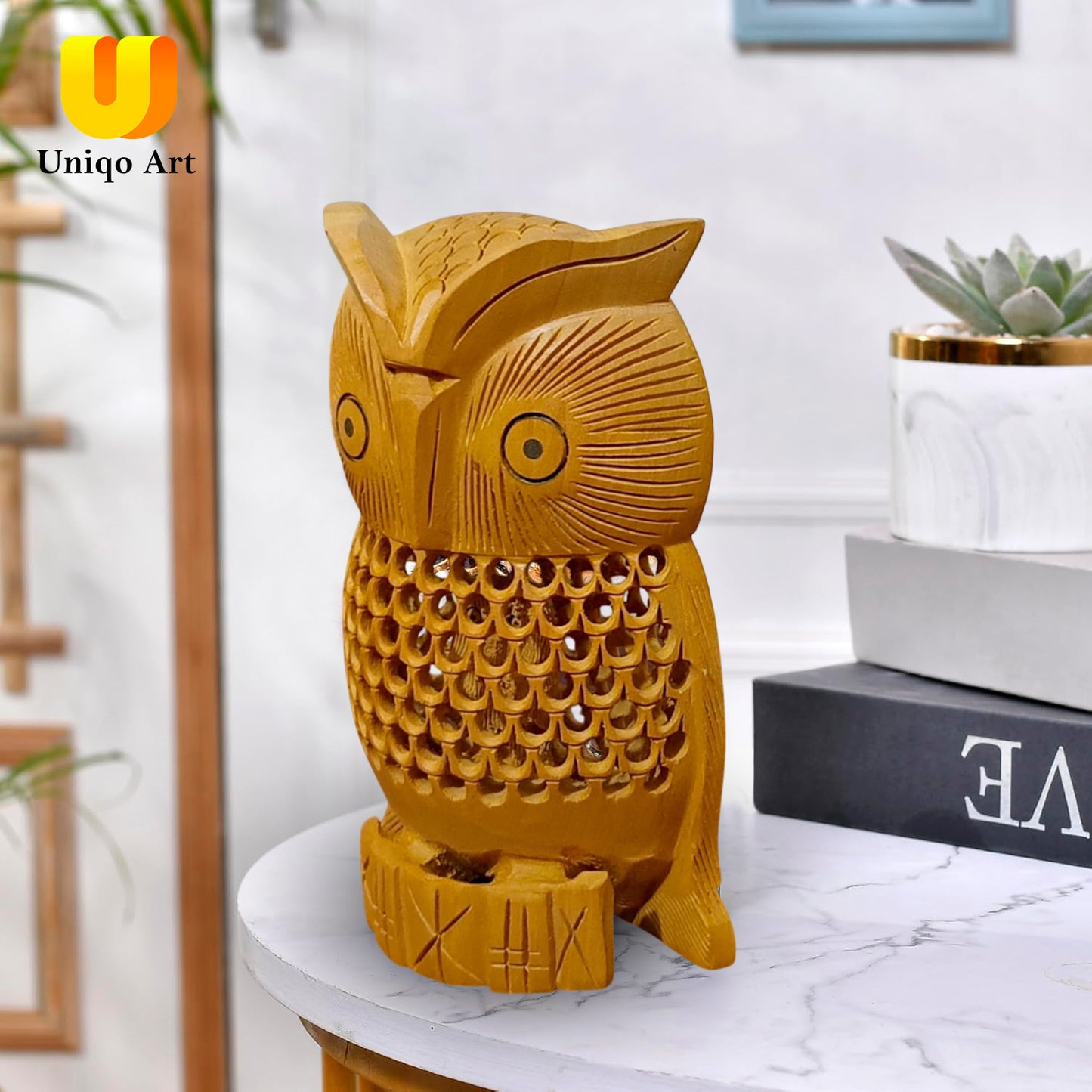 Uniqo Art Wooden Handcrafted Owl | Feng Shui & Vastu Lucky Charm Figurine | Home & Office Decorative Showpiece