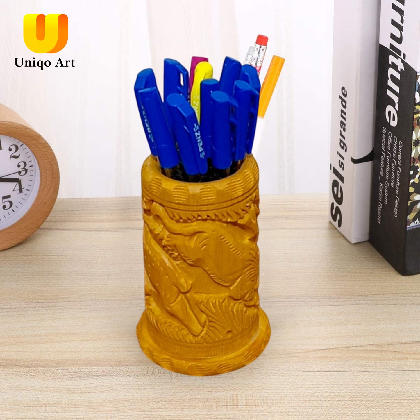 Wooden Pen Holder by Uniqo Art | Hand-Carved Lion Design | Eco-Friendly Desk Organizer