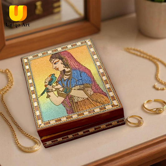Uniqo Art Handcrafted & Hand-painted Wooden Jewellery Box | Velvet-Lined Organiser | Antique Cultural Design | Gift for Women (Brown)