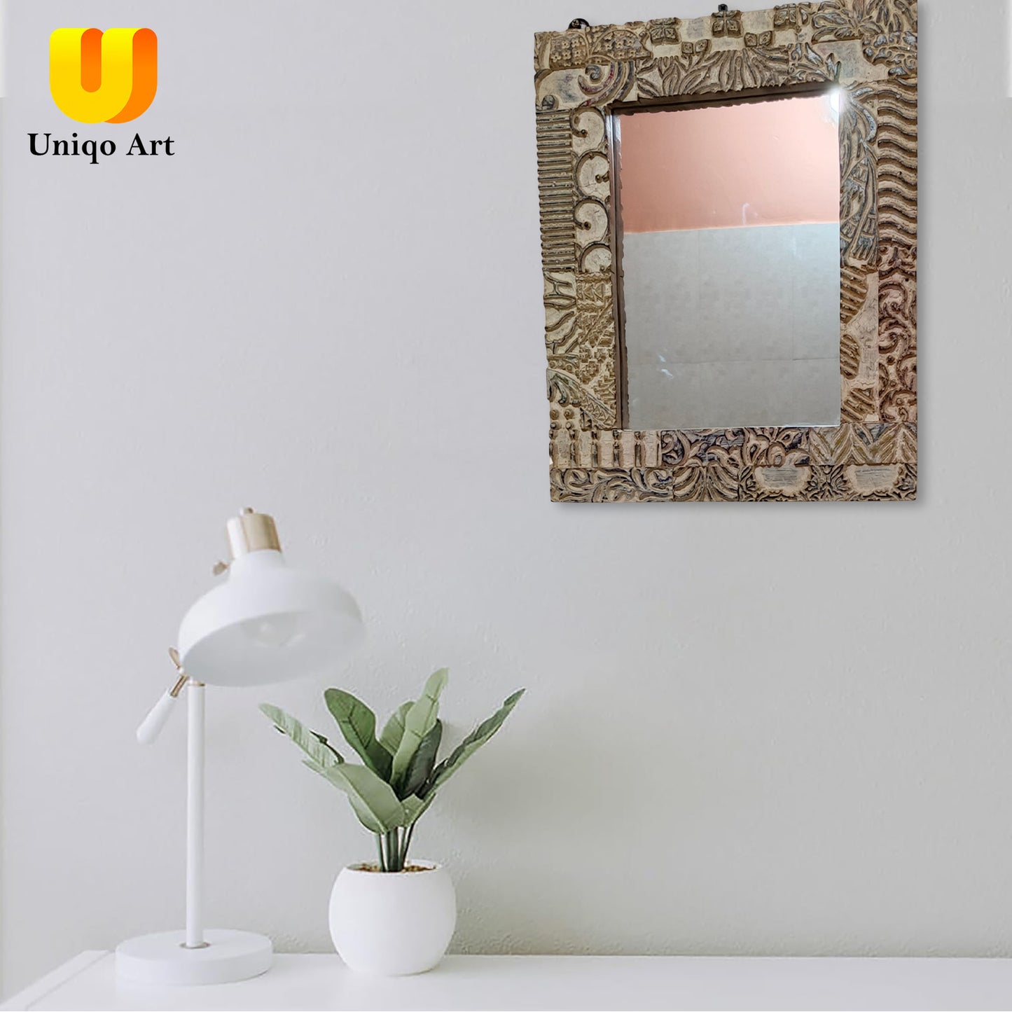 Uniqo Art Handcrafted Wooden Block Mirror | Antique White Frame | Wall Hanging for Bathroom, Living Room, Study Room, Office (Portrait Orientation)