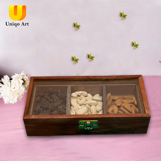 Uniqo Art Wooden Handcrafted Masala Dani & Dry Fruits Box | 3 Removable Containers