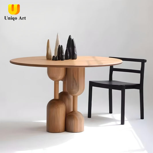 Contemporary Sculptural Solid Wood Round Dining Table – Artistic Pedestal Base