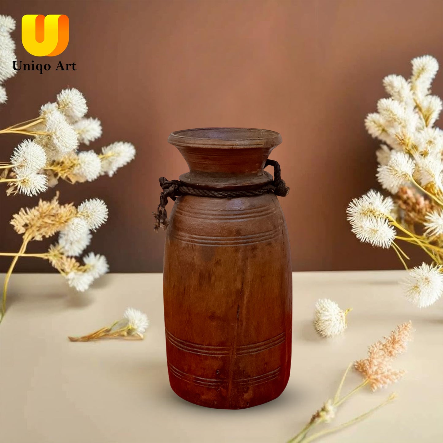 Uniqo Art Handicraft Early 1900s Vintage Nepali Jug Pot | Rustic Wooden Flower Pot | Antique Teak Wood Vase | Indian Handicraft