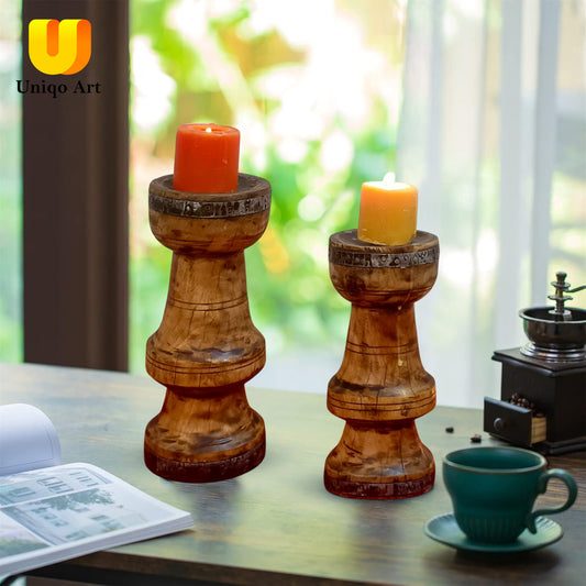 Vintage wood candle holder, Vintage Light wood candle holder set of 2, Home decor candlestick