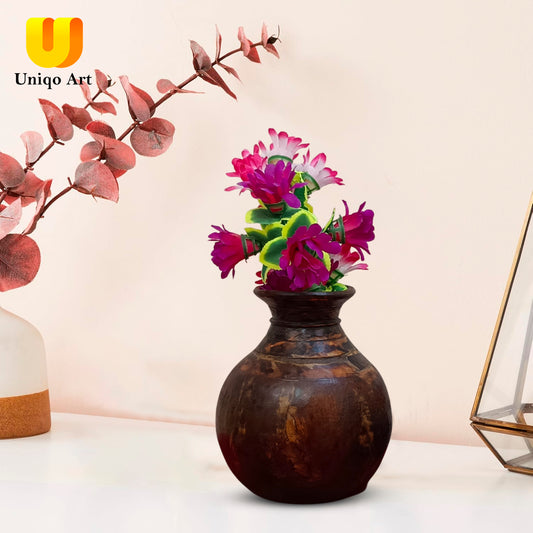 Uniqo Art Handicraft Vintage Wooden Matka Flower Pot | Rustic Tabletop Planter | Indian Kitchen Utensils Decor