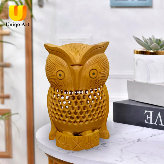 Uniqo Art Wooden Handcrafted Owl | Feng Shui & Vastu Lucky Charm Figurine | Home & Office Decorative Showpiece