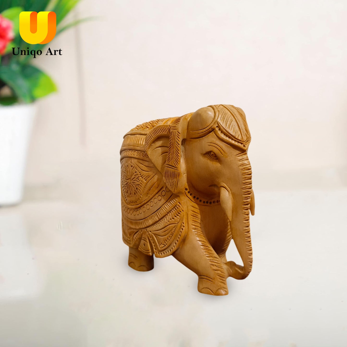Uniqo Art Handcrafted Wooden Elephant Pair | Down Trunk Statue | Antique Hand-Carved Home Décor Showpiece (Brown)