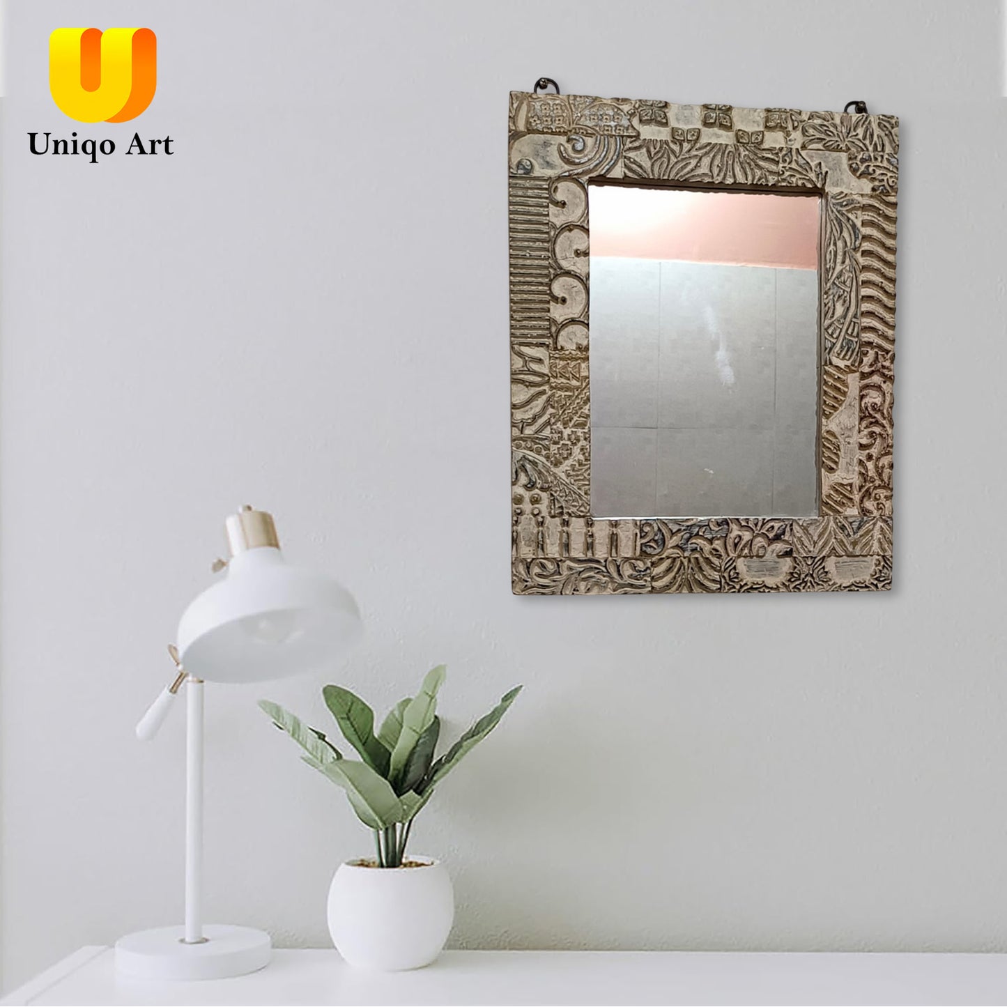 Uniqo Art Handcrafted Wooden Block Mirror | Antique White Frame | Wall Hanging for Bathroom, Living Room, Study Room, Office (Portrait Orientation)