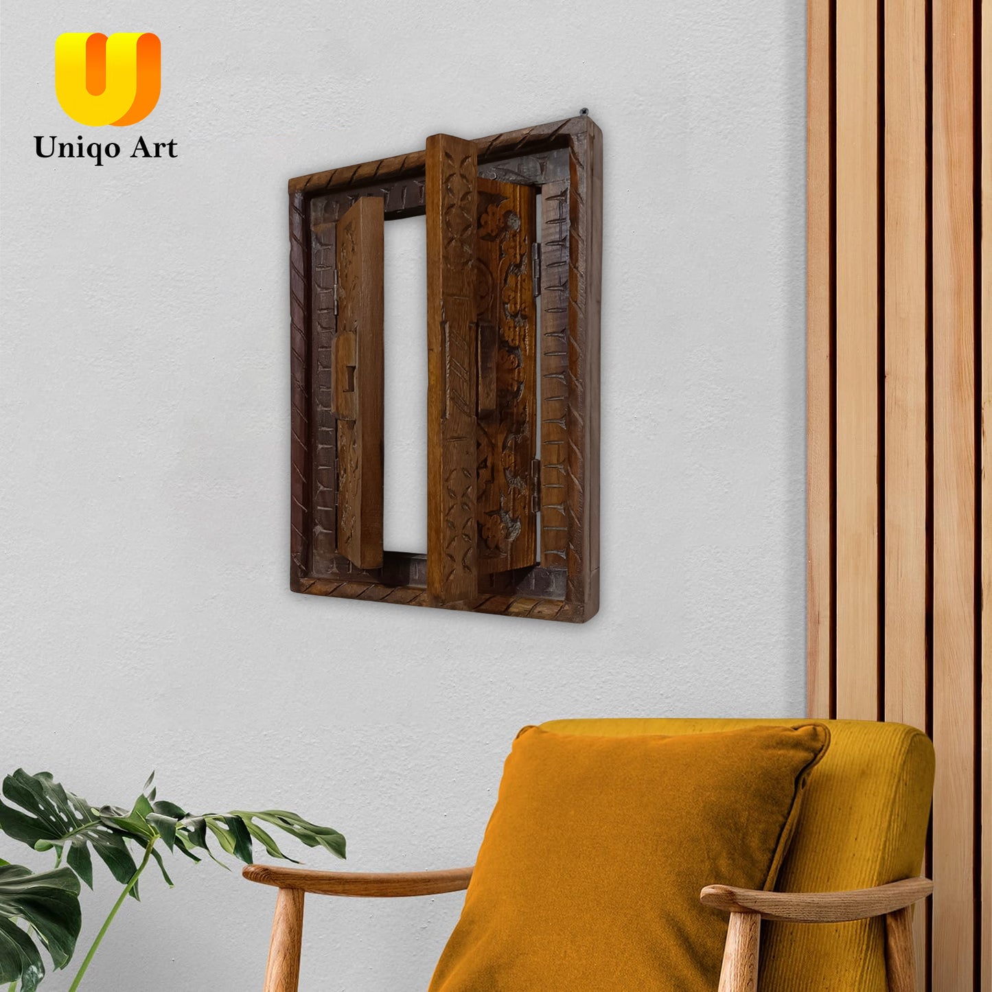 Uniqo Art Handcrafted Wooden Carving Jharokha Wall Hanging | Intricate Floral Design | Traditional Indian Home Décor | 60 cm