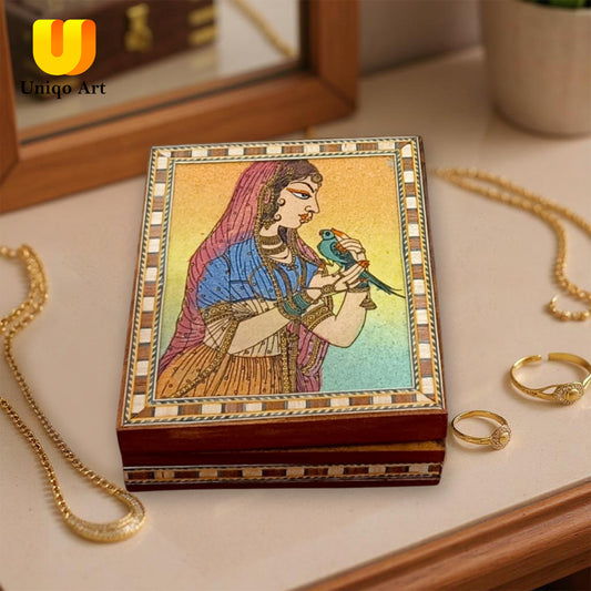 Uniqo Art Handcrafted & Hand-painted Wooden Jewellery Box | Velvet-Lined Organiser | Antique Cultural Design | Gift for Women (Brown)
