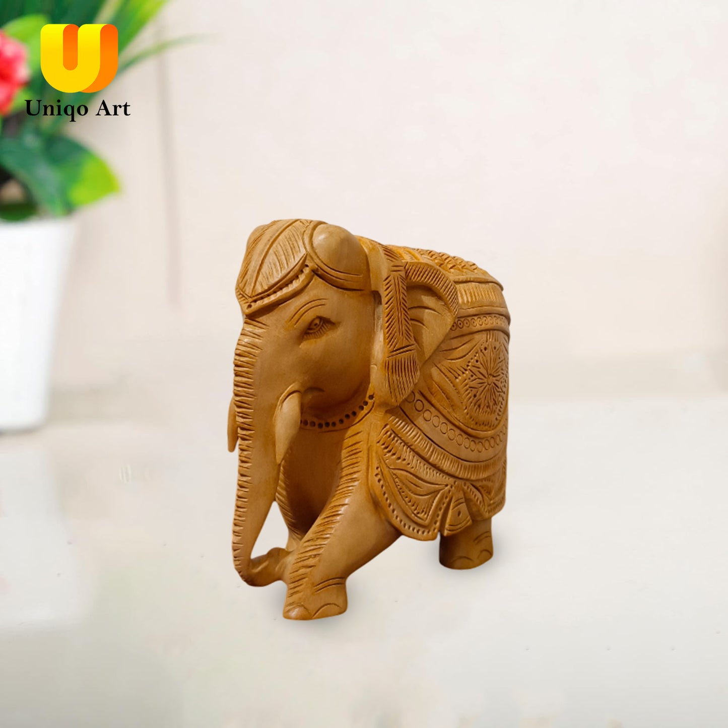 Uniqo Art Handcrafted Wooden Elephant Pair | Down Trunk Statue | Antique Hand-Carved Home Décor Showpiece (Brown)