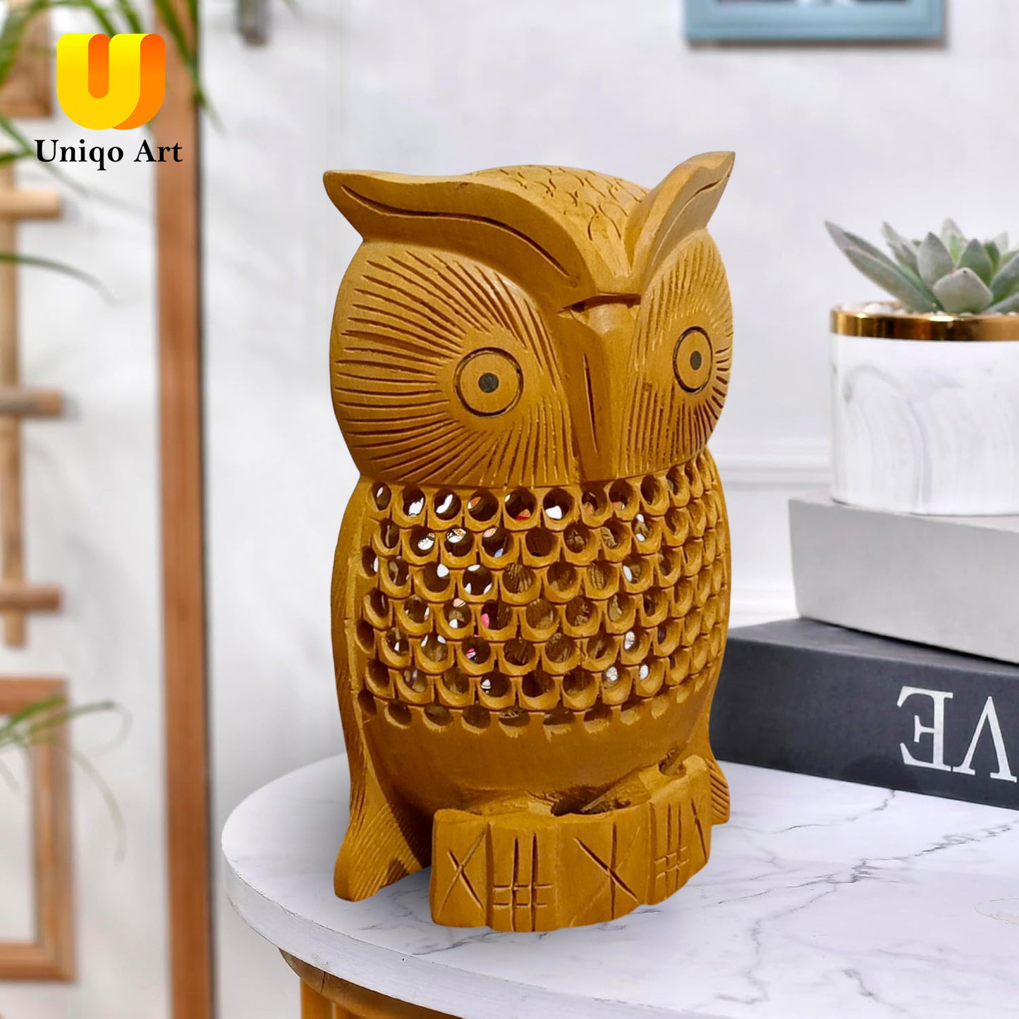 Uniqo Art Wooden Handcrafted Owl | Feng Shui & Vastu Lucky Charm Figurine | Home & Office Decorative Showpiece