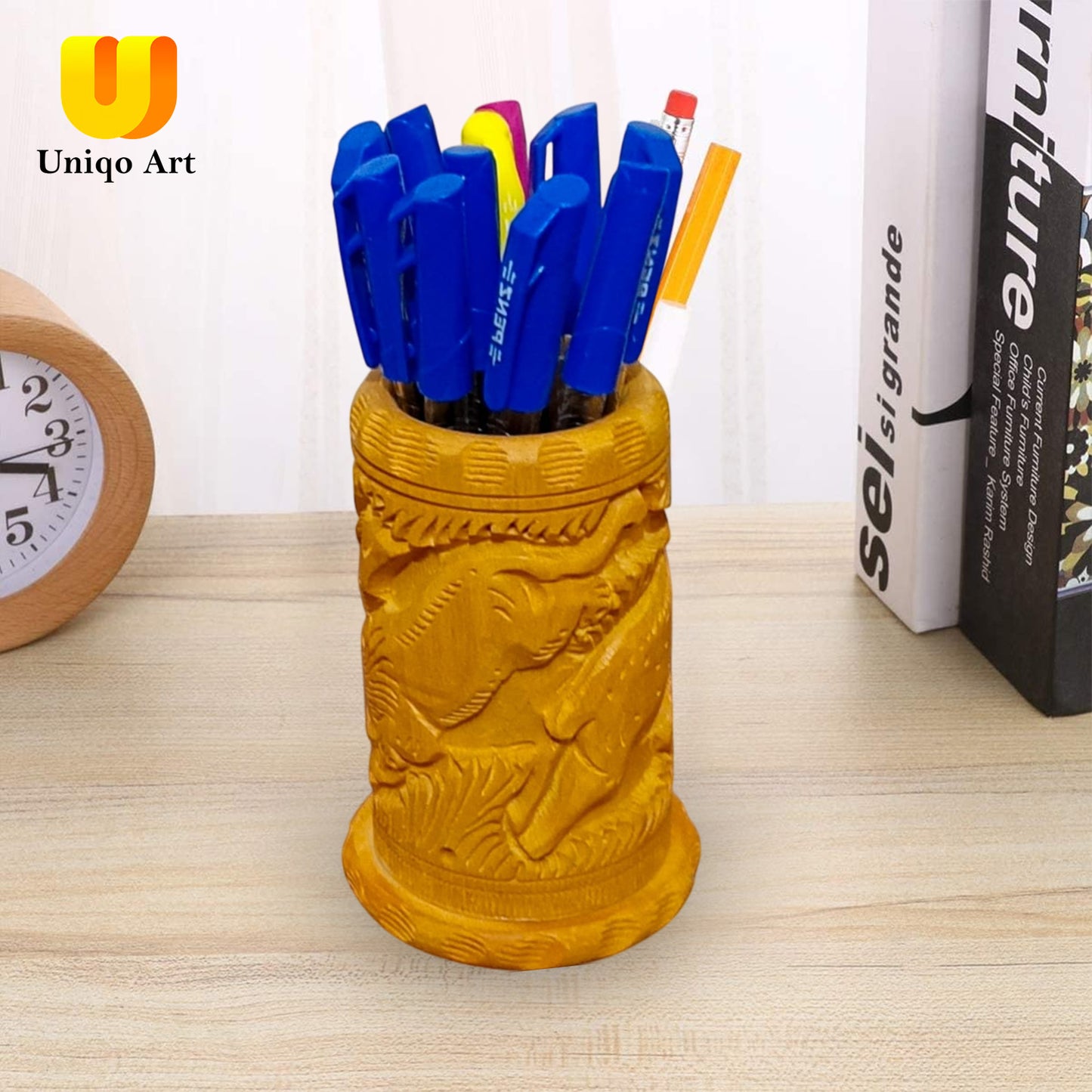 Wooden Pen Holder by Uniqo Art | Hand-Carved Lion Design | Eco-Friendly Desk Organizer