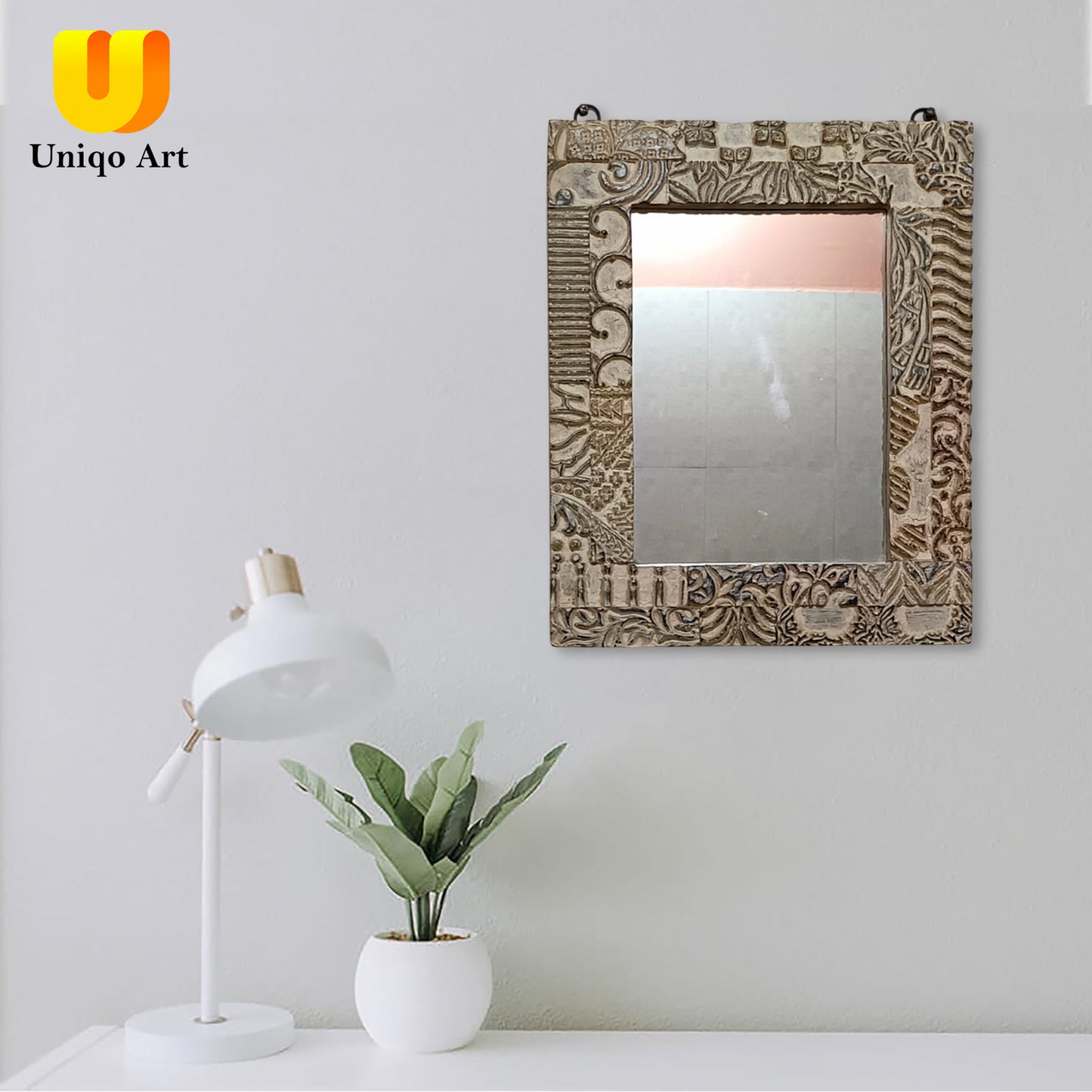 Uniqo Art Handcrafted Wooden Block Mirror | Antique White Frame | Wall Hanging for Bathroom, Living Room, Study Room, Office (Portrait Orientation)