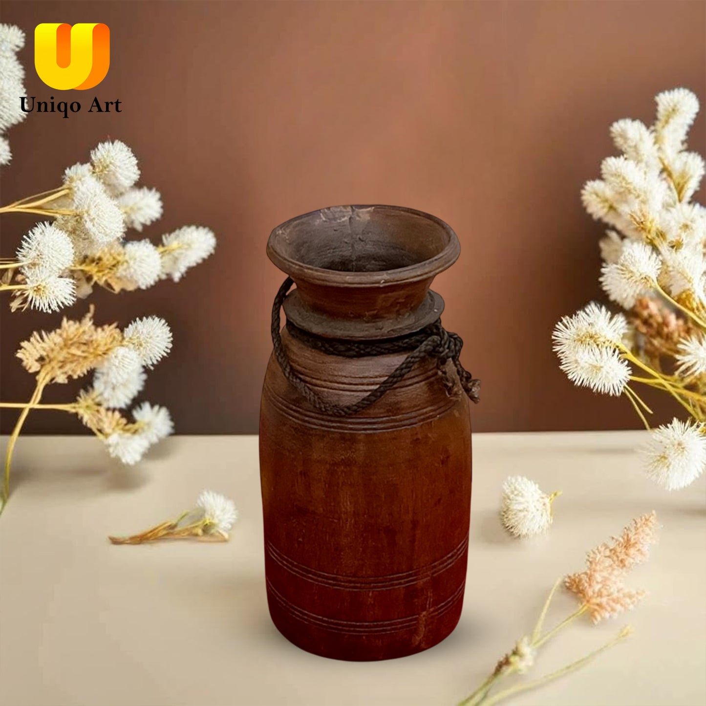 Uniqo Art Handicraft Early 1900s Vintage Nepali Jug Pot | Rustic Wooden Flower Pot | Antique Teak Wood Vase | Indian Handicraft