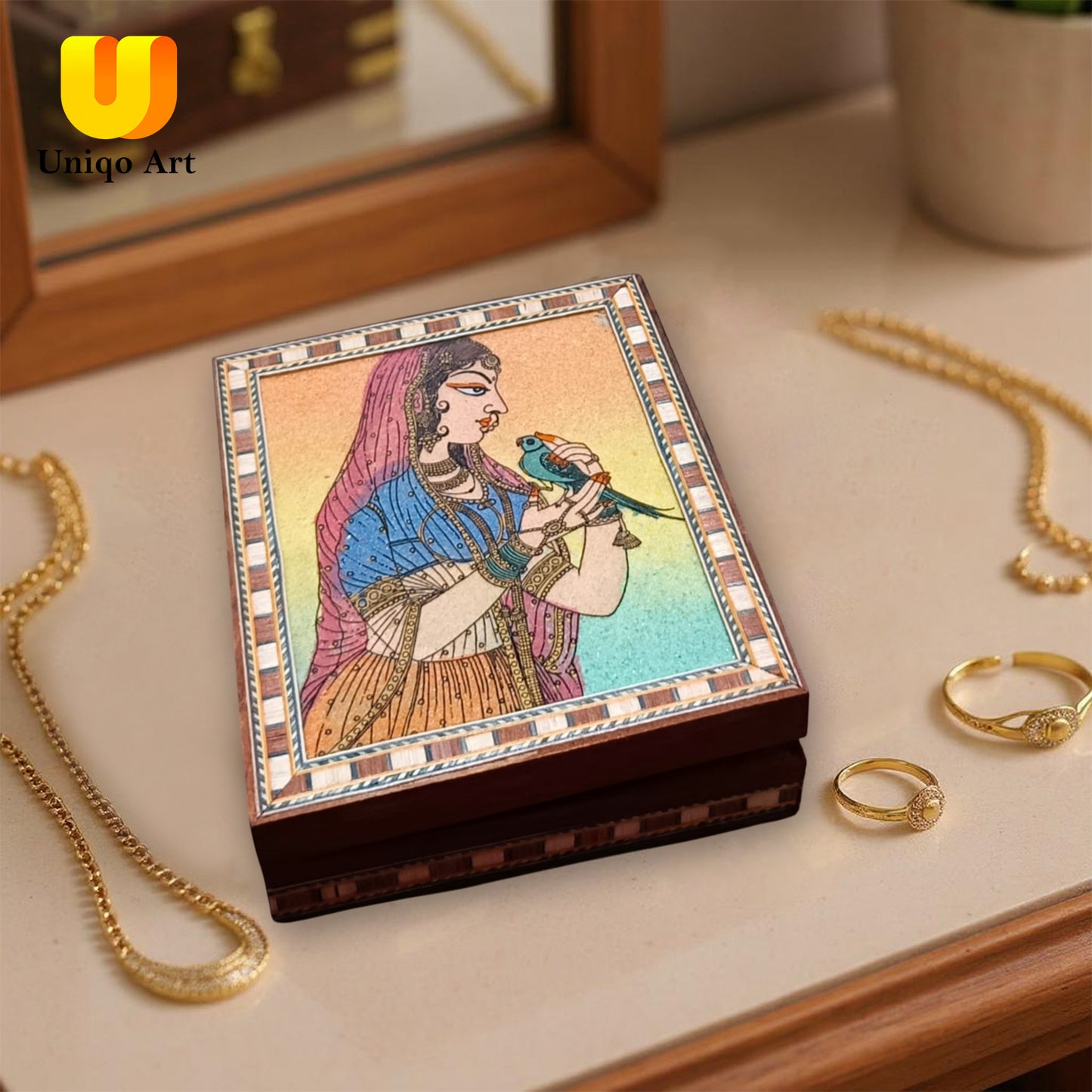 Uniqo Art Handcrafted & Hand-painted Wooden Jewellery Box | Velvet-Lined Organiser | Antique Cultural Design | Gift for Women (Brown)