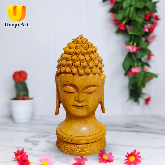 Art Deco Wooden Buddha Head Figurine – Perfect for Mandir & Office Spaces