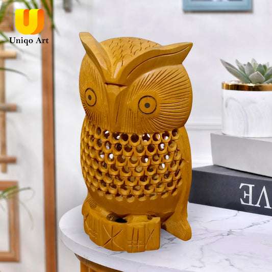 Uniqo Art Wooden Handcrafted Owl | Feng Shui & Vastu Lucky Charm Figurine | Home & Office Decorative Showpiece