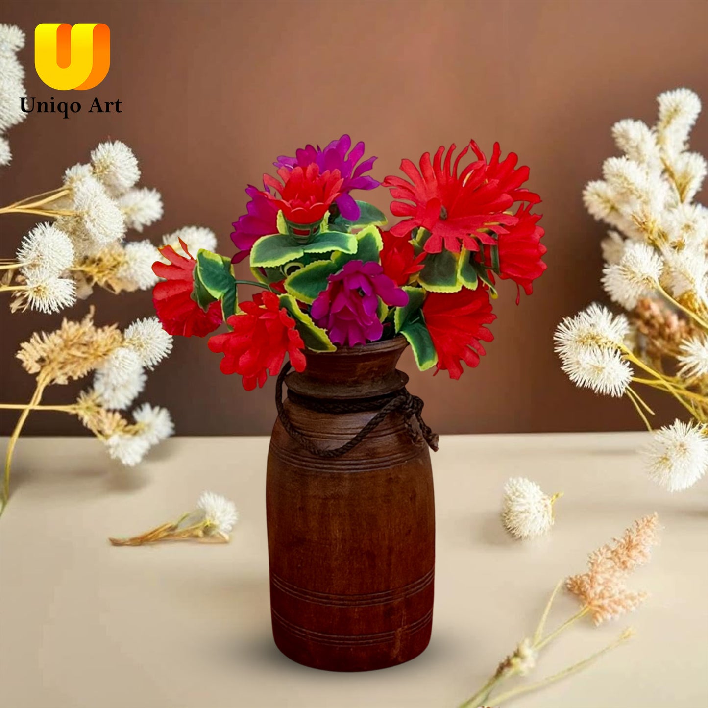 Uniqo Art Handicraft Early 1900s Vintage Nepali Jug Pot | Rustic Wooden Flower Pot | Antique Teak Wood Vase | Indian Handicraft