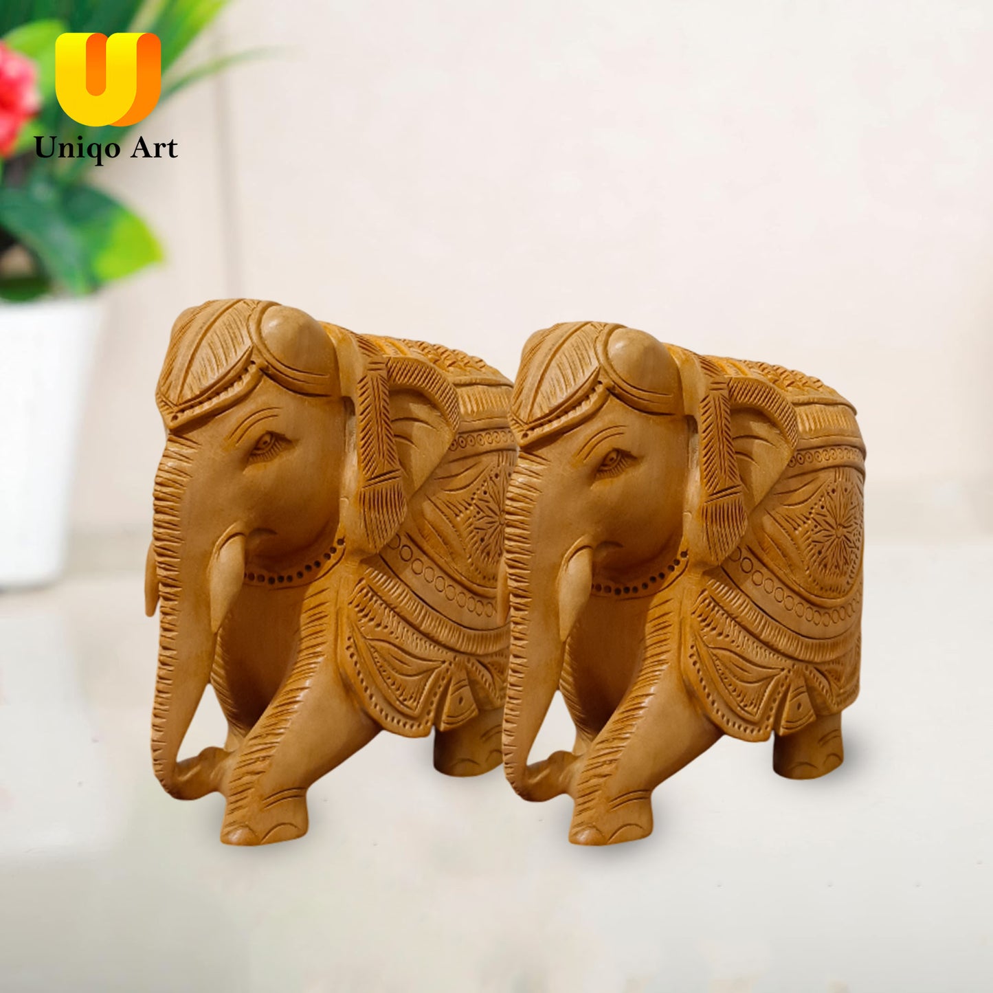 Uniqo Art Handcrafted Wooden Elephant Pair | Down Trunk Statue | Antique Hand-Carved Home Décor Showpiece (Brown)