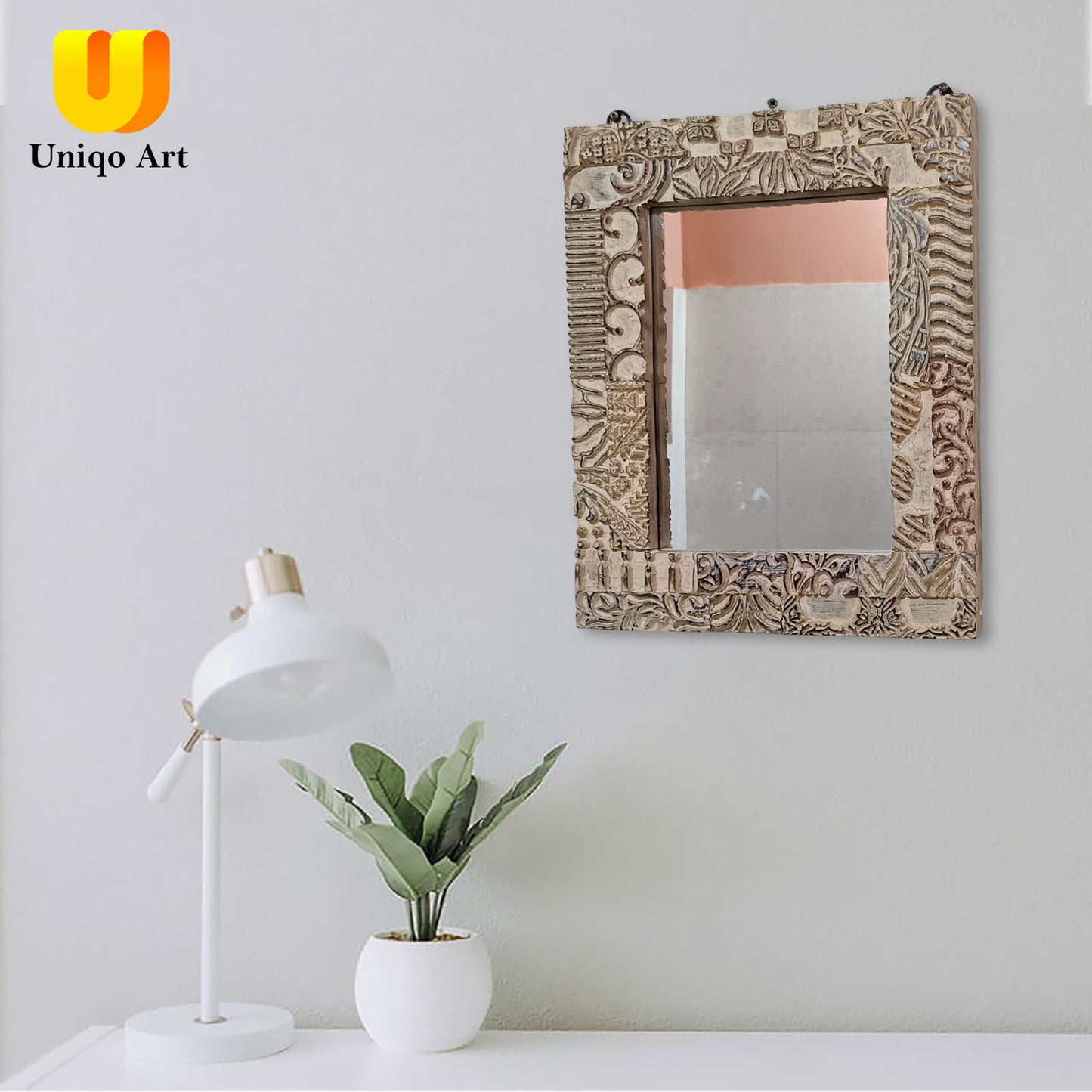Uniqo Art Handcrafted Wooden Block Mirror | Antique White Frame | Wall Hanging for Bathroom, Living Room, Study Room, Office (Portrait Orientation)