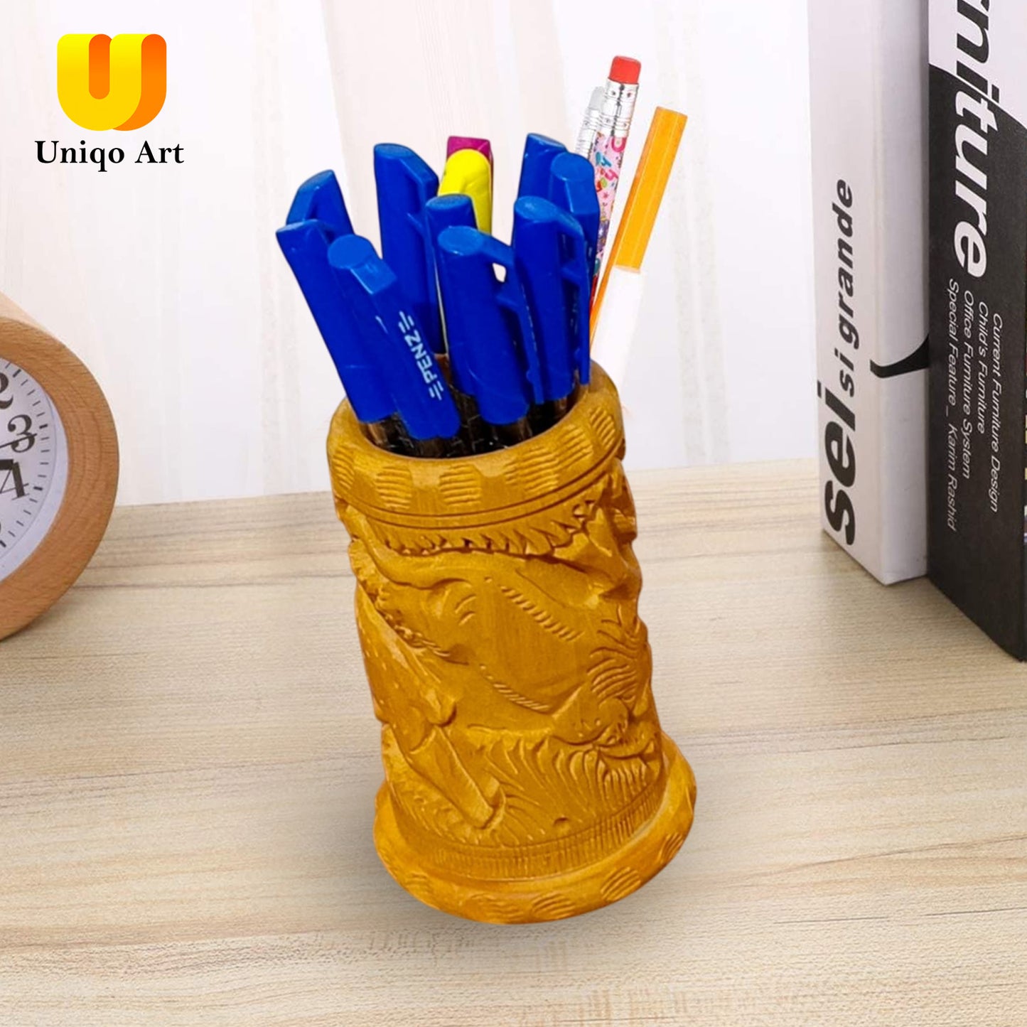 Wooden Pen Holder by Uniqo Art | Hand-Carved Lion Design | Eco-Friendly Desk Organizer