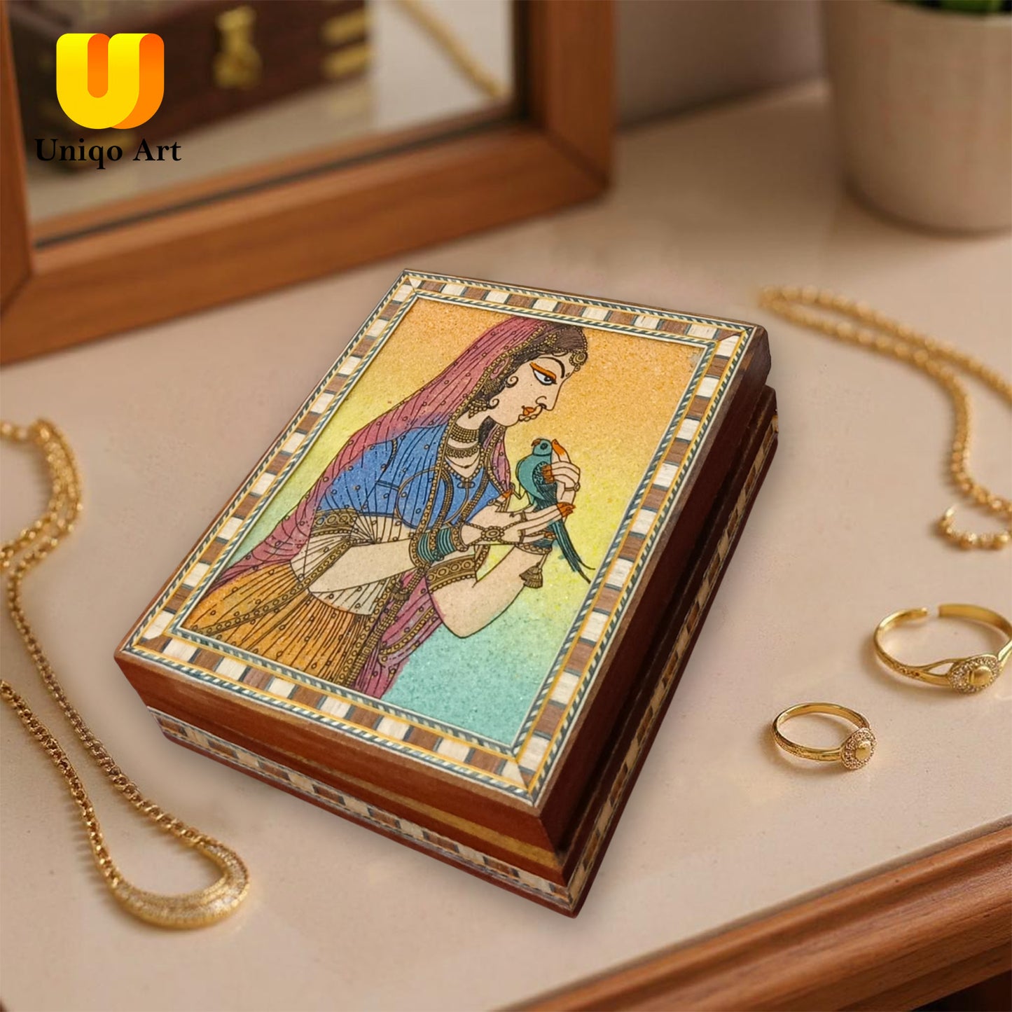Uniqo Art Handcrafted & Hand-painted Wooden Jewellery Box | Velvet-Lined Organiser | Antique Cultural Design | Gift for Women (Brown)