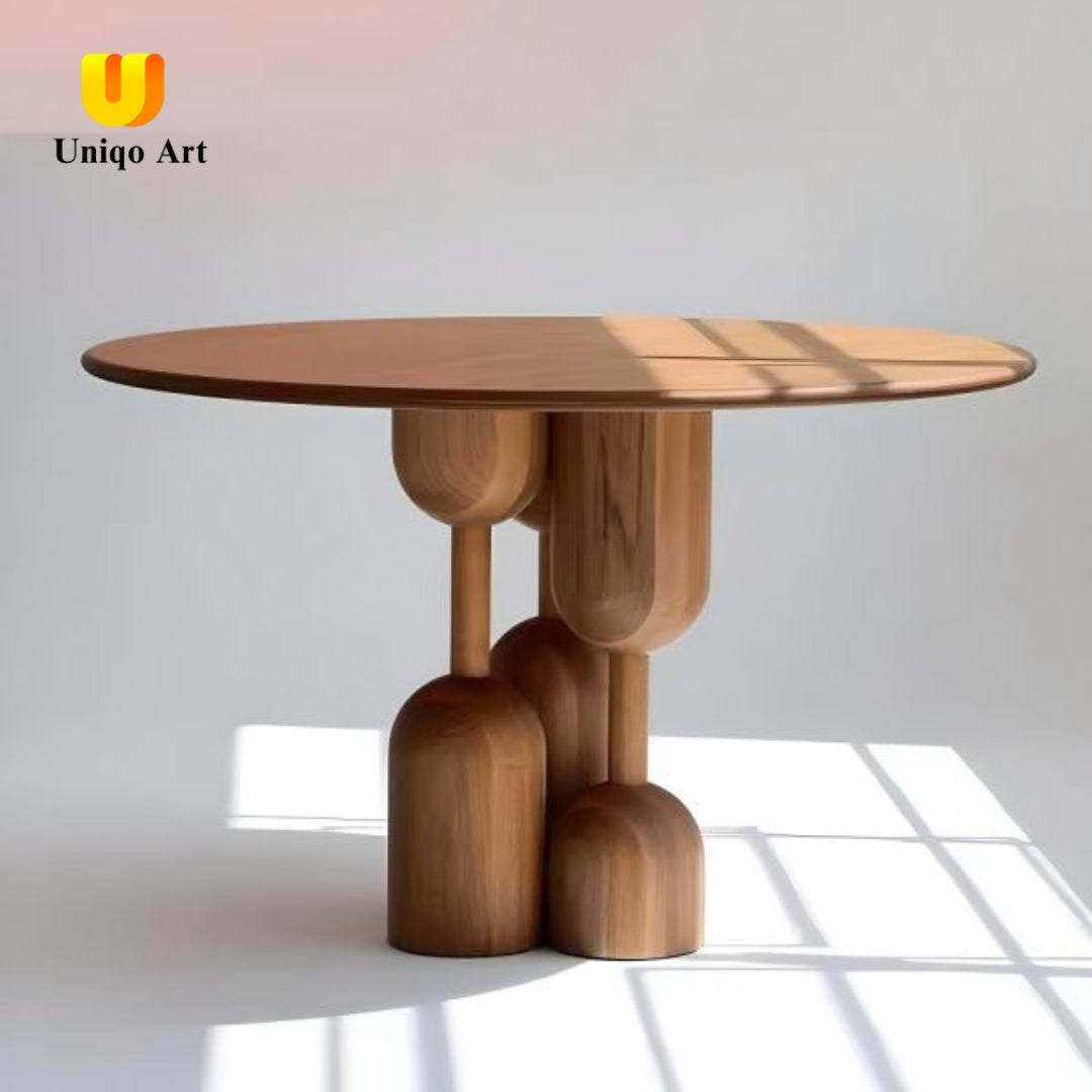 Contemporary Sculptural Solid Wood Round Dining Table – Artistic Pedestal Base