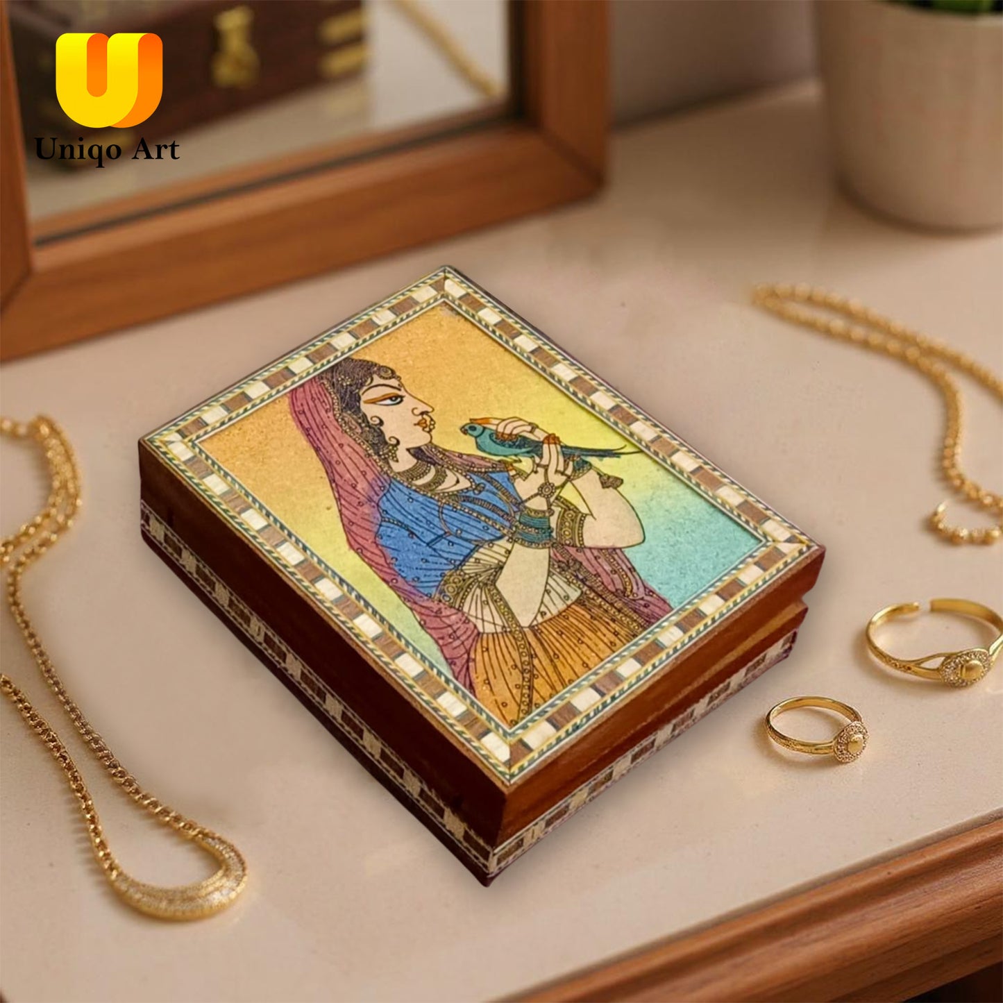 Uniqo Art Handcrafted & Hand-painted Wooden Jewellery Box | Velvet-Lined Organiser | Antique Cultural Design | Gift for Women (Brown)