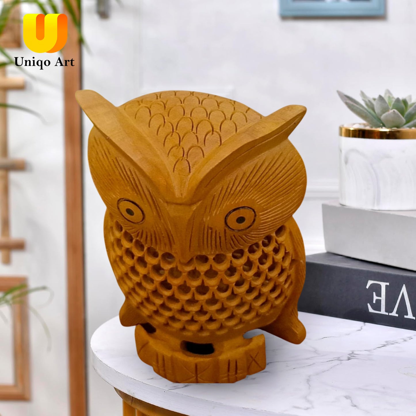 Uniqo Art Wooden Handcrafted Owl | Feng Shui & Vastu Lucky Charm Figurine | Home & Office Decorative Showpiece