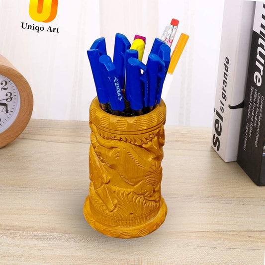 Wooden Pen Holder by Uniqo Art | Hand-Carved Lion Design | Eco-Friendly Desk Organizer