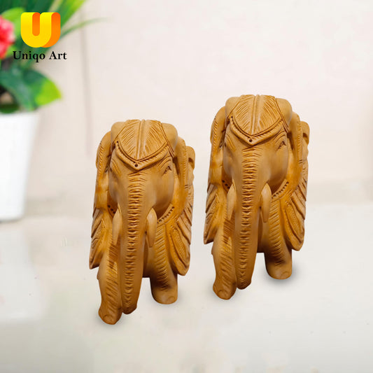 Uniqo Art Handcrafted Wooden Elephant Pair | Down Trunk Statue | Antique Hand-Carved Home Décor Showpiece (Brown)