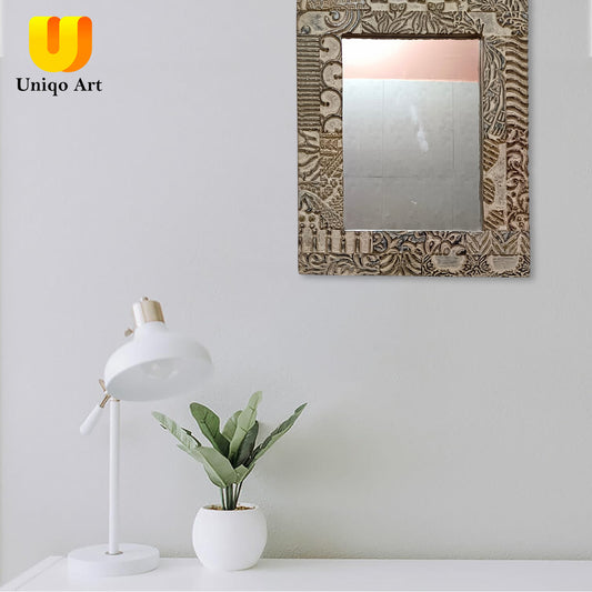 Uniqo Art Handcrafted Wooden Block Mirror | Antique White Frame | Wall Hanging for Bathroom, Living Room, Study Room, Office (Portrait Orientation)