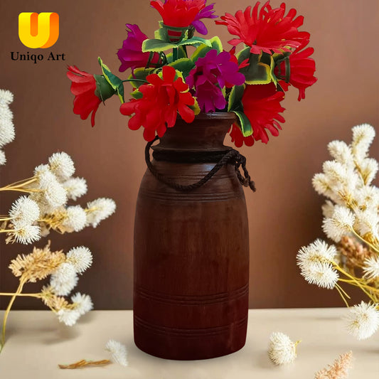 Uniqo Art Handicraft Early 1900s Vintage Nepali Jug Pot | Rustic Wooden Flower Pot | Antique Teak Wood Vase | Indian Handicraft