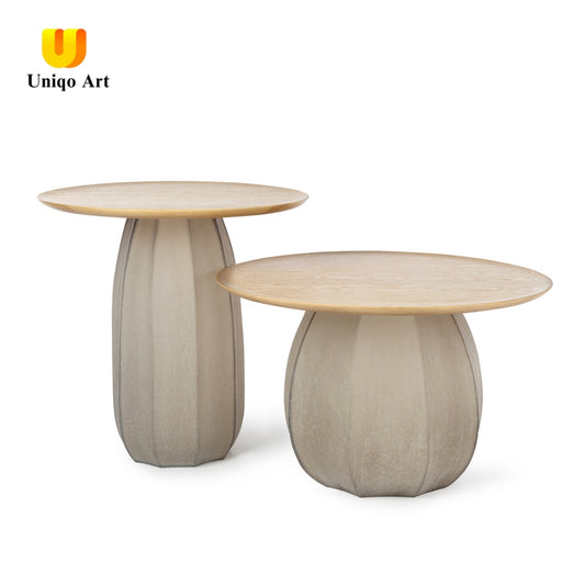 Modern Sculptural Nesting Side Tables – Organic Textured Base with Natural Wood Top (Set of 2)