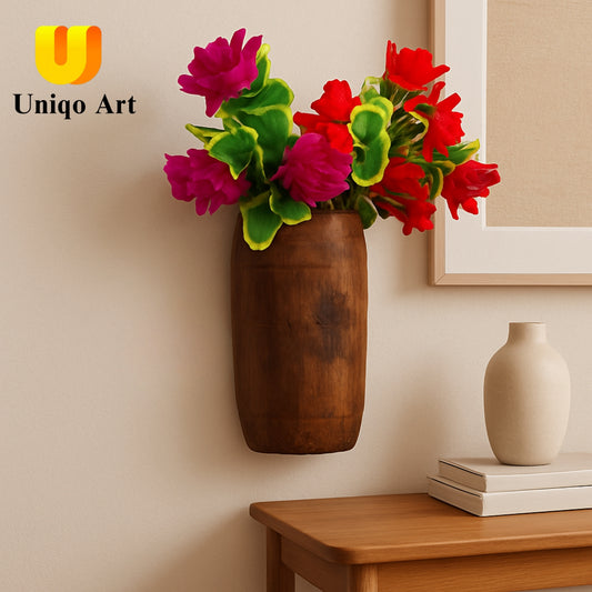 Uniqo Art Handcrafted Wooden Flower Pot | Wall Hanging & Table Decor | Eco-Friendly with Artificial Flower Bunch | Vintage Style