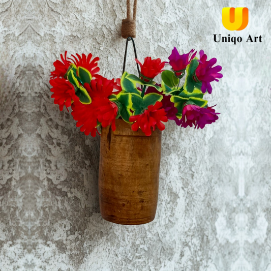 Uniqo Art Handcrafted Wooden Flower Pot | Wall Hanging & Table Decor | Eco-Friendly with Artificial Flower Bunch | Vintage Look