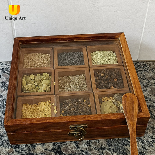 Uniqo Art Handcrafted Wooden Masala Dani – 9 Partition Spice Box with Spoon